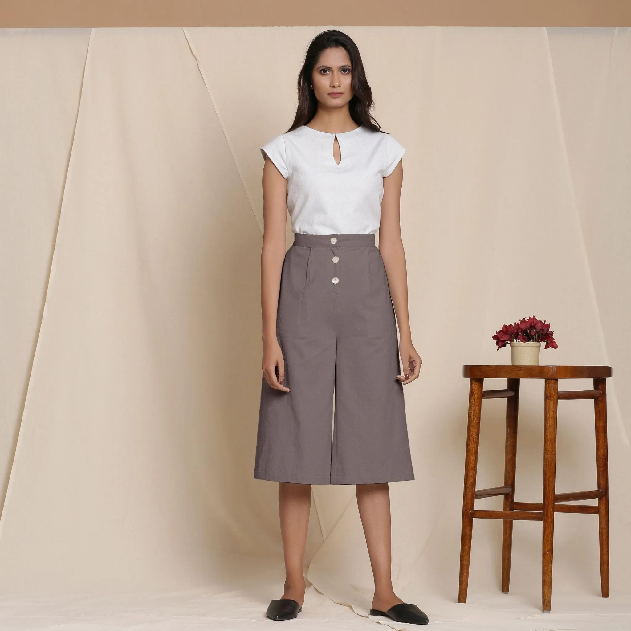 Solid Ash Grey Warm Cotton Flannel High-Rise Culottes