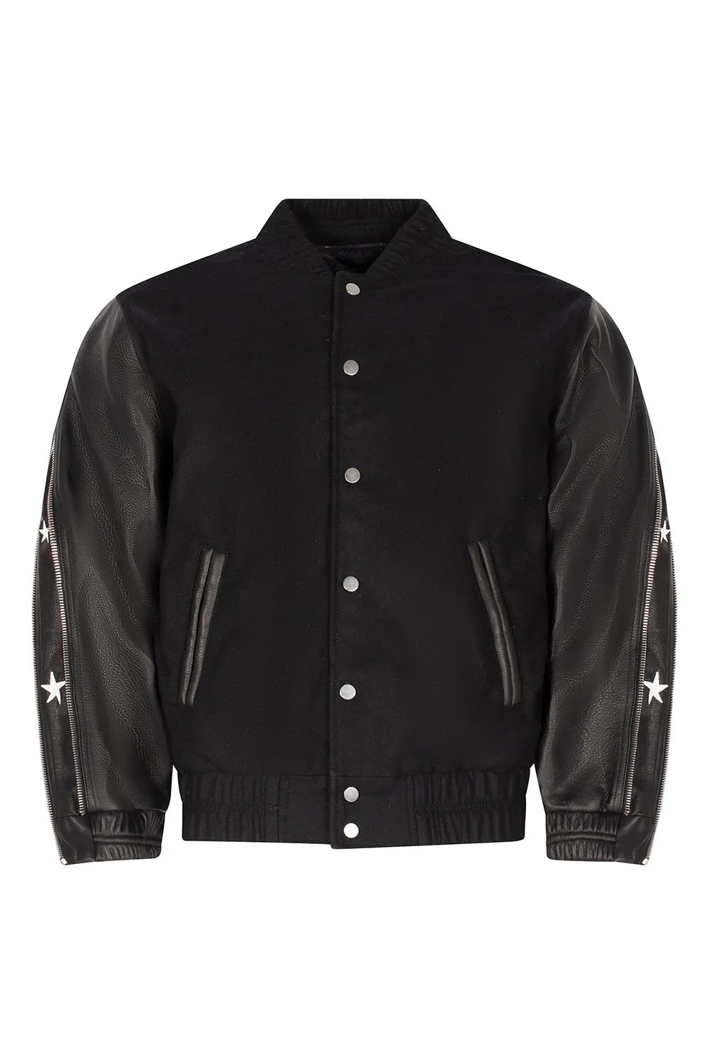 SUNSET RODEO LEATHER VARSITY JACKET-BLACK/BLACK