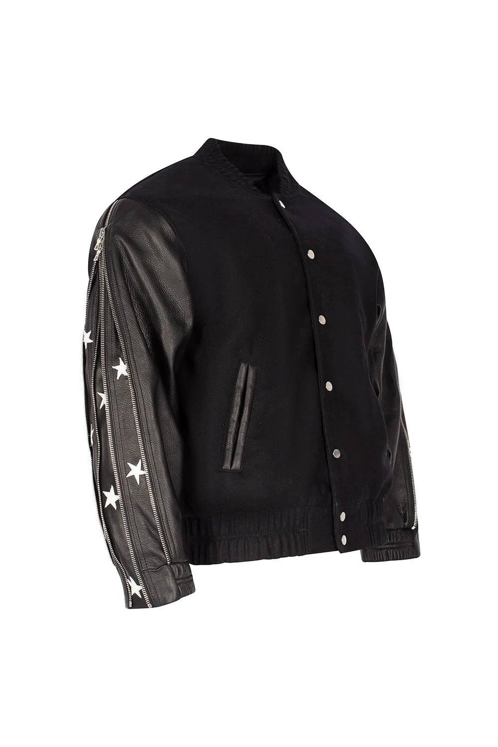 SUNSET RODEO LEATHER VARSITY JACKET-BLACK/BLACK