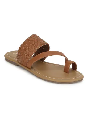 Tan Woven PU Flat Slip On Sandals