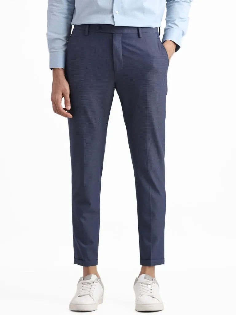 WES Formals Checked Mid Blue Slim-Fit Mid-Rise Trousers