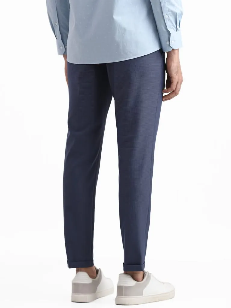 WES Formals Checked Mid Blue Slim-Fit Mid-Rise Trousers