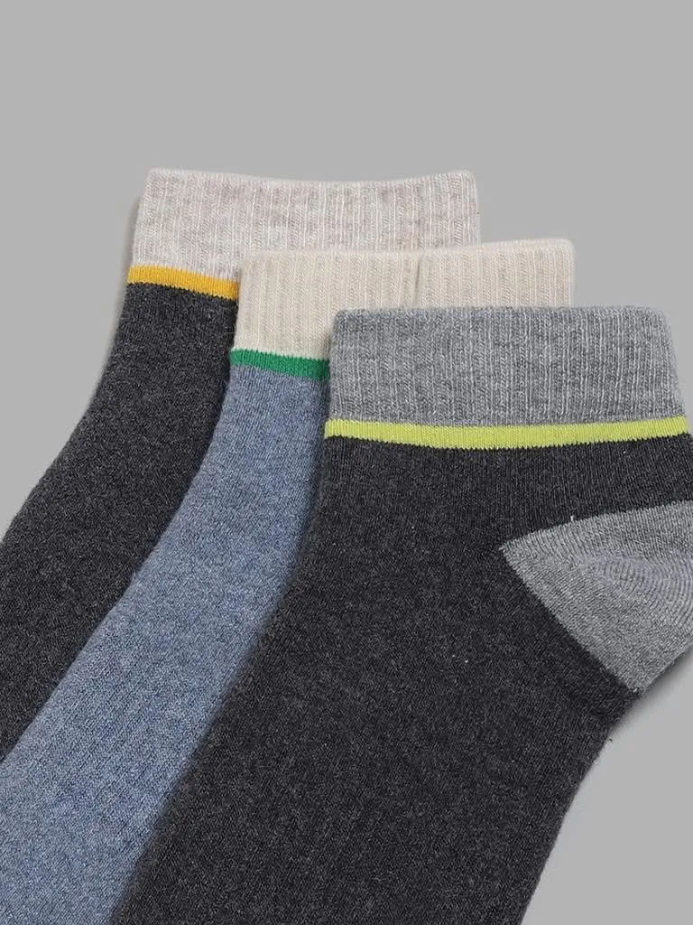 WES Lounge Grey Colorblock Cotton Blend Trainer Socks - Pack of 3