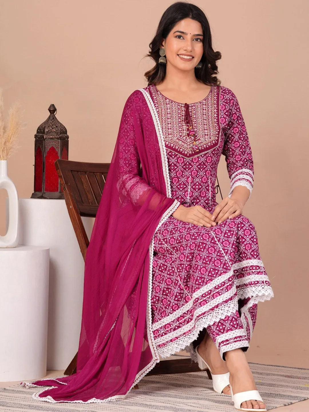 Women Floral Printed Gotta Patti Anarkali Kurta with Trousers & With Dupatta