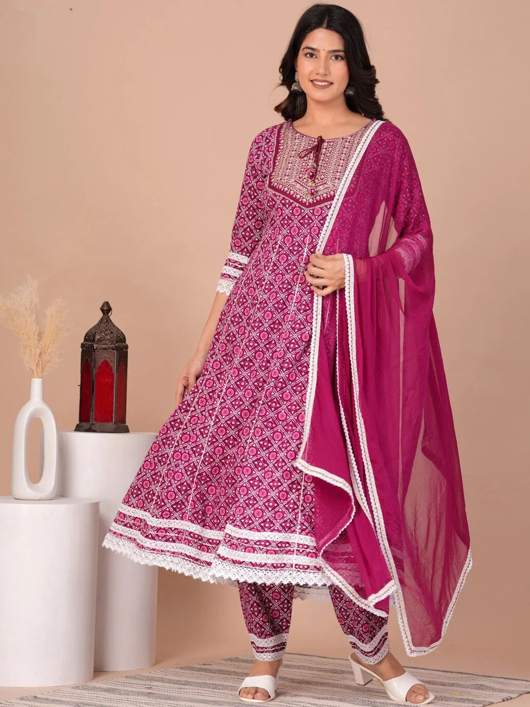 Women Floral Printed Gotta Patti Anarkali Kurta with Trousers & With Dupatta