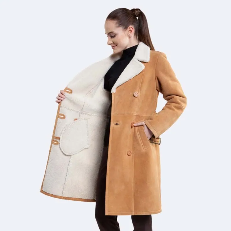 Women New Style Winter Shearling Long Alexa Tan Sheepskin Coat