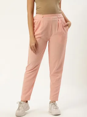 Women Pastel Pink Regular Texture Crepe Straigth Trouser Pant