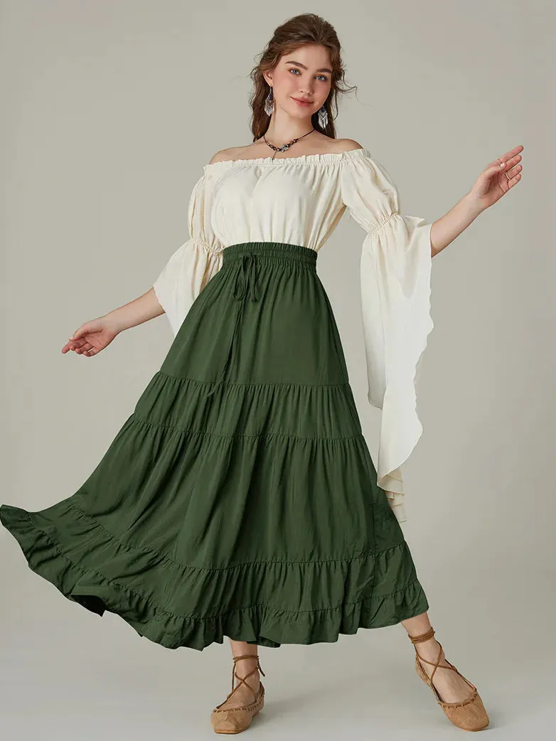 Women Renaissance Swing Skirt Tiered Maxi Pocket Skirt