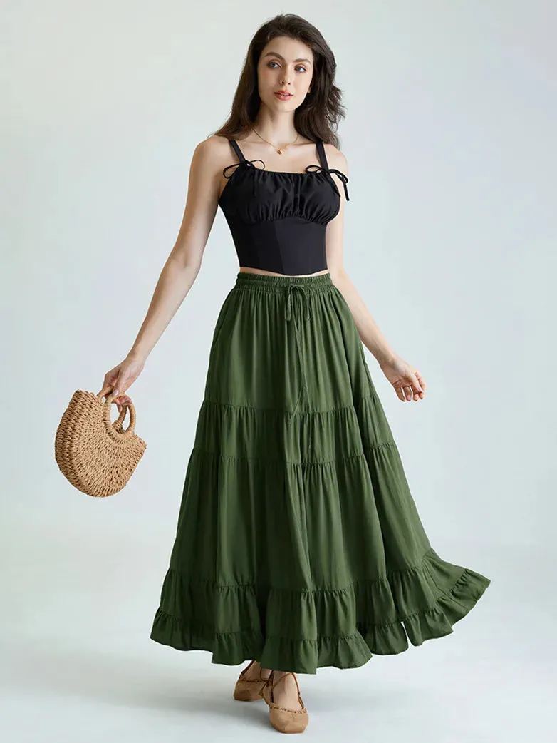 Women Renaissance Swing Skirt Tiered Maxi Pocket Skirt