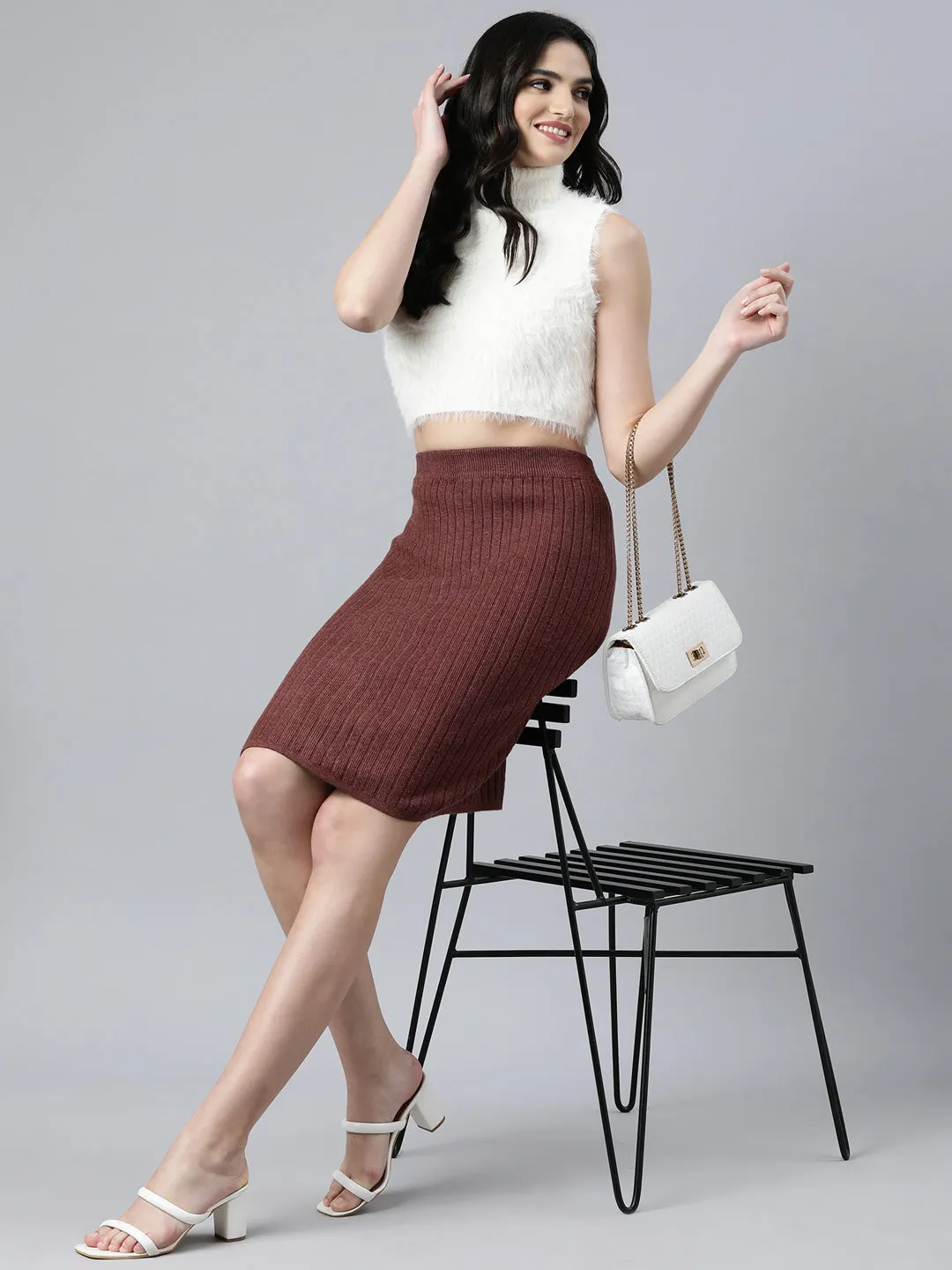 Women Self Design Brown Pencil Above Knee Skirt