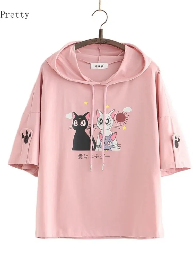 Women Short Sleeve Hooded Sweatshirts Pink Cartoon Cat Embroidery Casual Hoodies Summer High Low Girly Ladies Kawaii Tops