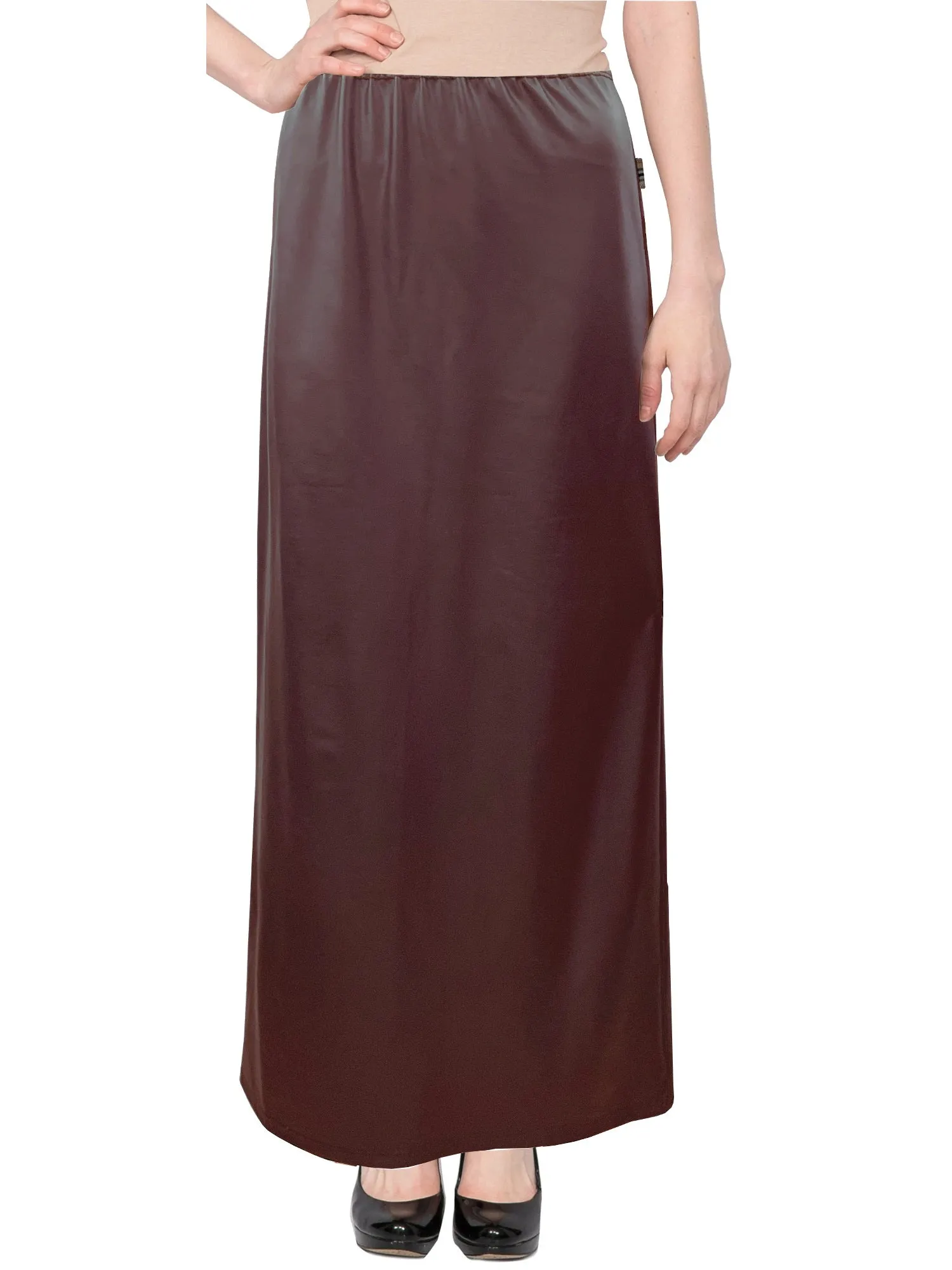 Women's Faux Leather Matte Finish Basic Modest 37" Ankle Length Stretch Knit Straight Skirt