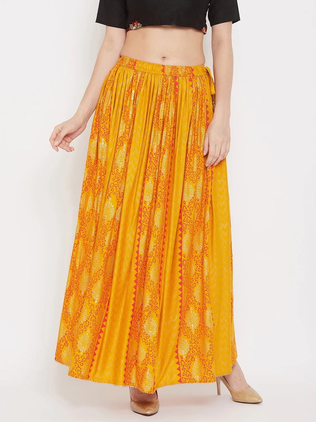 Women'S Mustard Printed Rayon Maxi Skirt