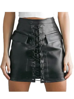 Women's Steampunk Faux Leather High Waist Lace Up Bodycon A-line Mini Skirt