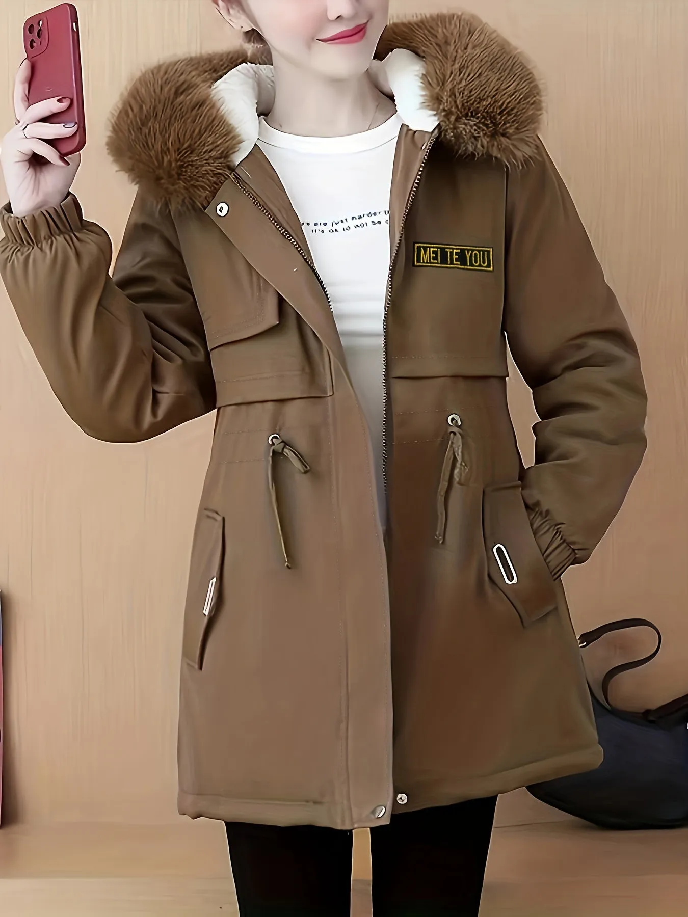 Women's Stylish Hooded Winter Coat with Fluffy Trim - Warm Zip-Up Long Sleeve Outerwear for Everyday Comfort