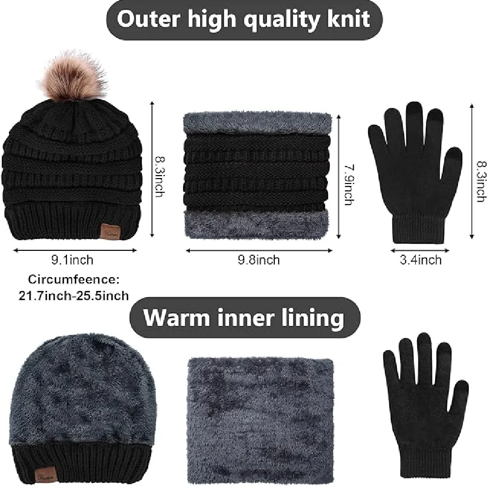 Womens Winter Hat Scarf Touch Screen Gloves Set 3 Pcs | Warm Knit Fleece