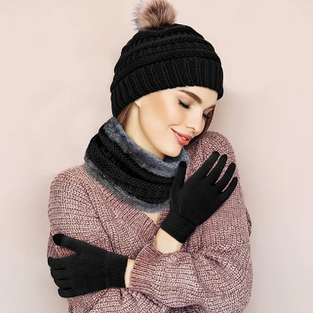 Womens Winter Hat Scarf Touch Screen Gloves Set 3 Pcs | Warm Knit Fleece