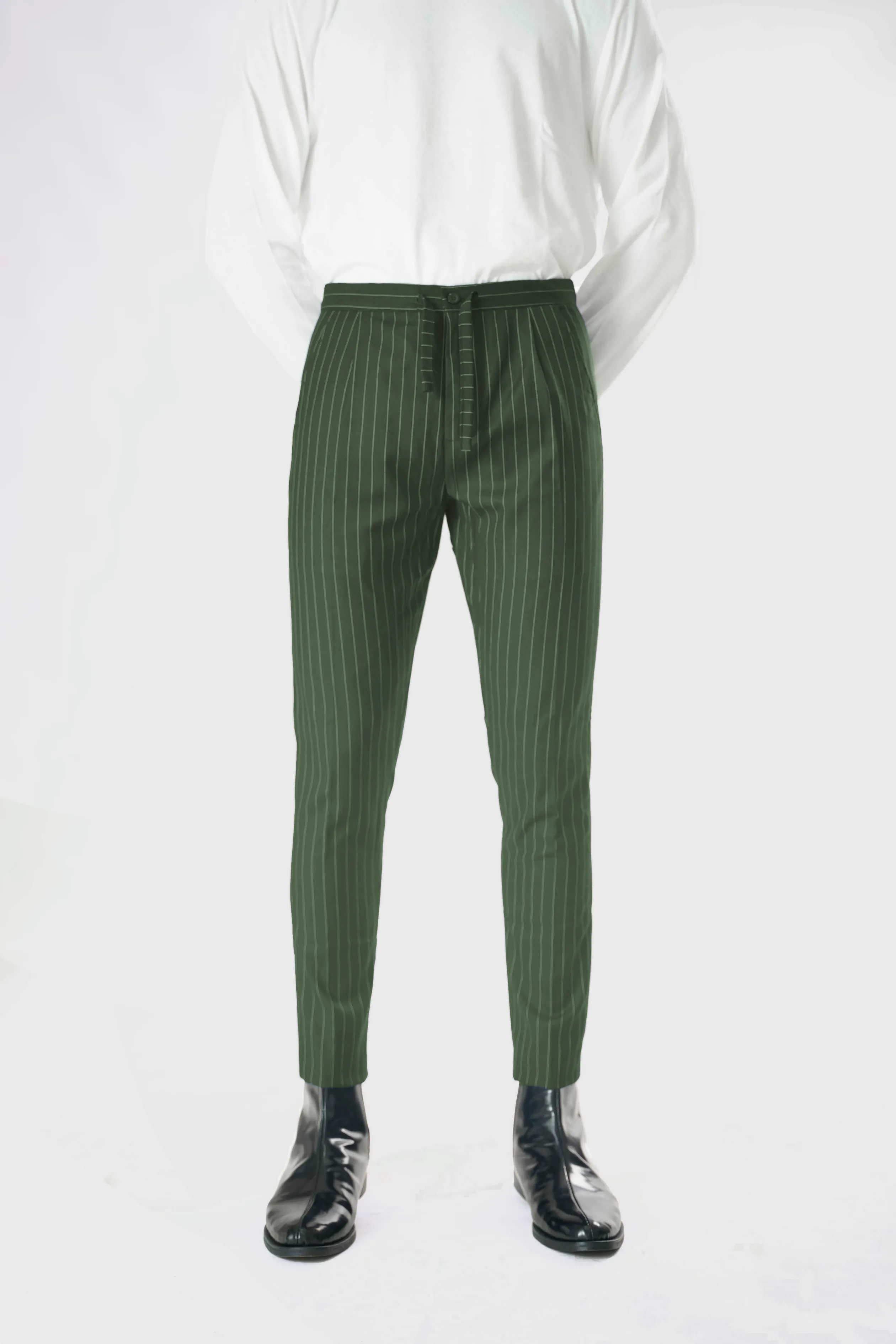 Wool Drawstring Pants in Green Pinstripe