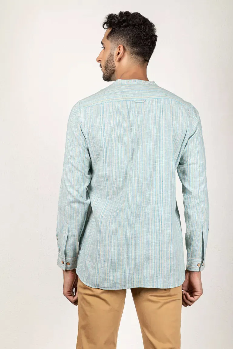 Woven Striped Light Blue Short Kurta