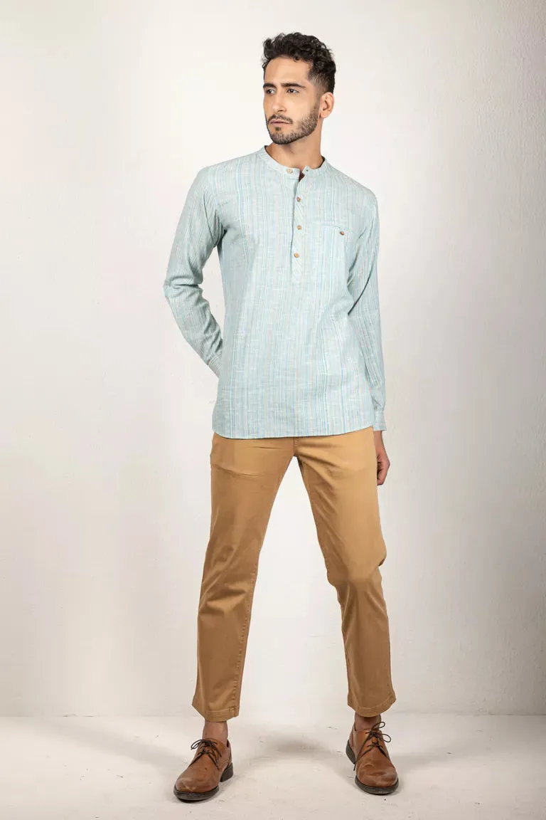 Woven Striped Light Blue Short Kurta