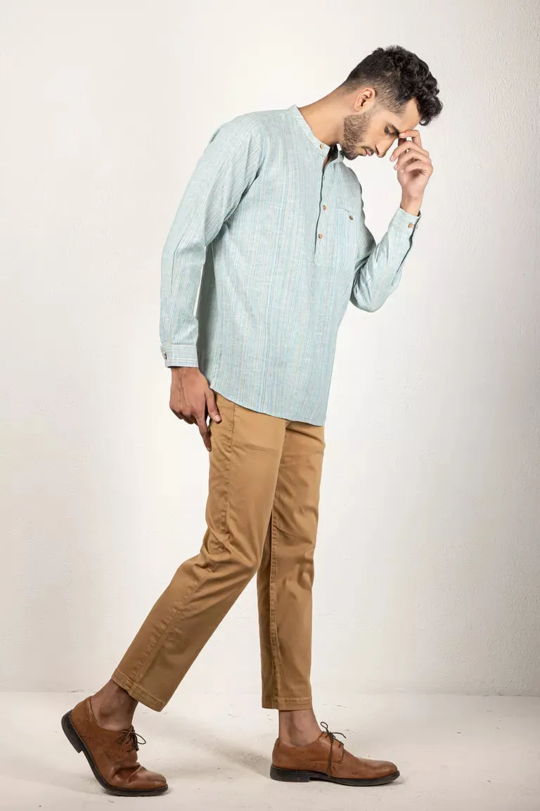 Woven Striped Light Blue Short Kurta